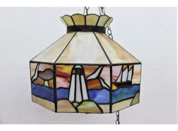 Lighthouse And Sailing Ship Decorated Tiffany-style Octagonal Hanging Lamp