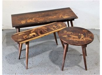Group Of Three Hand-Made Pastoral Landscapes  Rosewood Inlay Occasional Tables - Bottoms Marked