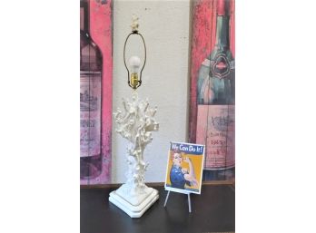 Vintage MCM White Porcelain Tree Branch Frenzy Lamp On Triangular Base, Mini Branch Finial