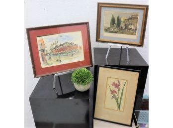 Group Of Three Small Color Prints And A Original Colored Pencil Cityscape