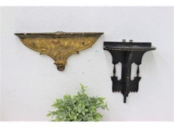 Pair Of Vintage Wall Sconce Shelves - Black Empire Style And Chipped Patina Gold Tone Neoclassical