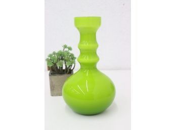 Vintage MCM  Chartreuse & White Cased Glass Hooped Vase