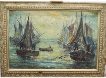 Henryk Dzienczarski Oil On Canvas Seascape With Sailboats 1963, Signed And Dated