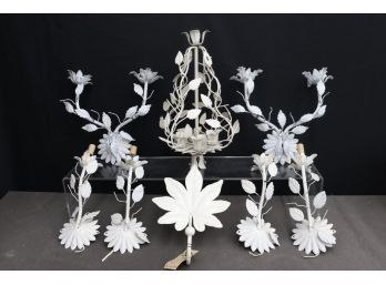 Group Of Italian White Sculptural Metal Flower Wall Sconces, Candelabra, Wall Hook - Electric And Candle Power