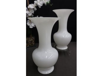 MCM Pair Of White Opaque Murano Glass Trumpet Gourd Vases
