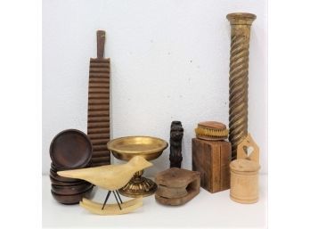 Group Lot Of Vintage And Decorative Wood Goods - Boxes, Figurines, Tools, Bowls, Brushes Etc.