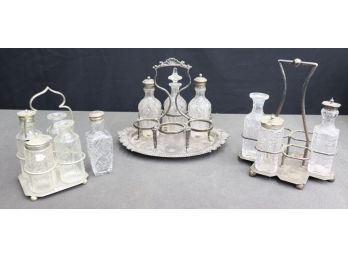 Trio Of Crystal Fancy Nancy Spice & Condiment Cruet Sets 2 Of 3 Are Missing Some Cruets