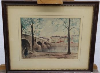 Original Ink And Watercolor Wash Urban Riverscape, Signed Lower Right