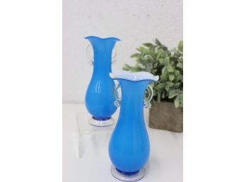 MCM Vintage  Pair Hand Blown Blue & White Cased Glass On Clear Ruffle Top Vase