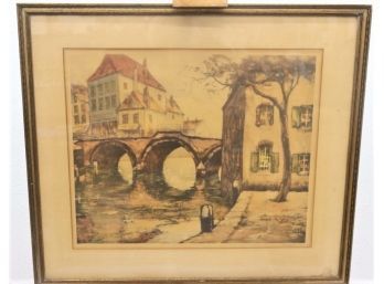 Vintage Framed Print Arched City Bridge, Flemish School, Pencil Signed