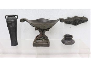 Group Of Pitch Black Neo-Classical Style Vases And A Wall Crest
