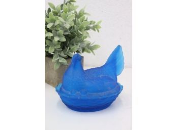 Blue Satin Frosted Glass Hen On Nest Covered Dish - Head Turned Left