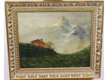 Matterhorn Scene By Hillbilly Cottage, Oil On Canvas, Lovely Patina On Frame
