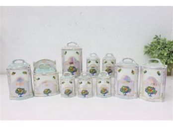 Vintage Ten (10) Piece White Block Lusterware Porcelain Kitchen/pantry Canisters - Spices, Baking Goods Etc