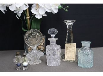 Cut Crystal Glass Objet Group Lot - Bottles, Vase, Salt & Pepper Set