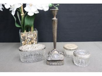 Group Of  Dresser Jars, Candle Sticks. Silver And Silver Plate . See Description