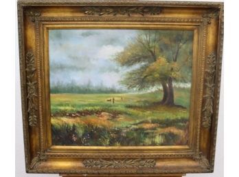 Untitled Print On  Canvas Featuring Donkeys In The Distance, Ornate  Frame
