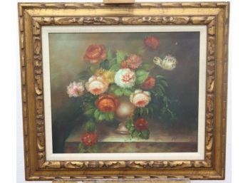 Fine Floral Still Life, Oil On Canvas, Signed, Elegant Gilt Frame Decorative Quality