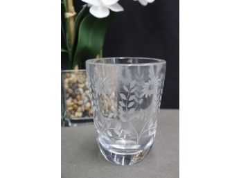 MCM Etched Daisies Thick Cut Glass Vase