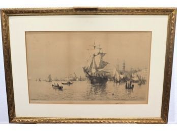 L.D. Eldred Untitled Maritime Harbor  Scene  Pencil Signed In Outer Margin, Book Plate