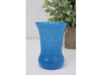 MCM Hand  Blown Art Glass Blue Wide Mouth Vase With Smalti Enamel Decoration