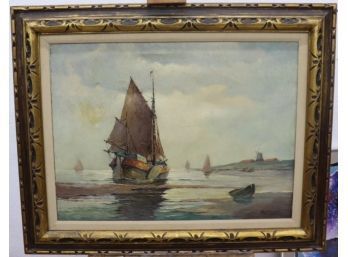 Schooners On The Bay Maritime Oil On Canvas, Franz Ambrasath, Signed And Located (munchen)