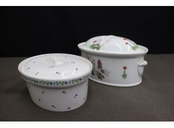 Two Oval Covered Casserole Crocks: Lourioux 'Le Faune' Fireproof Porcelain & Cordon Bleu For Macy's