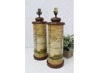 Pair Of Whaleship Charles W. Morgan & Nautical Charts Decorated Table Lamps