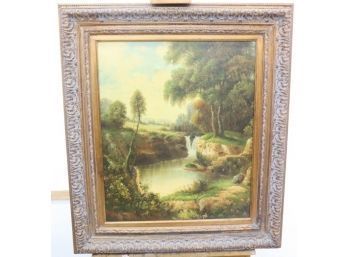 Vintage Landscape Oil On Canvas, John Pollins, Signed And In Ornate Frame