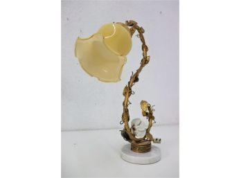 Vintage Venetian Glass Tulip Lamp With Porcelain Rose And Gilt Style Vine Support
