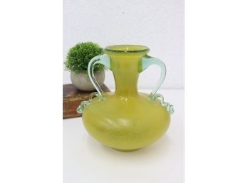 MCM Vintage Itilian Glass Chartreuse Yellow Vase With Clear Handles