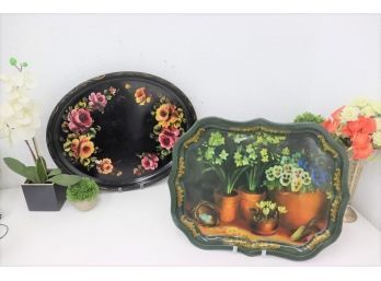 Quaint Pair Of Toleware  Hand-Painted Trays - Chippendale Shape Pots & Flowers And Oval Shape Blooms