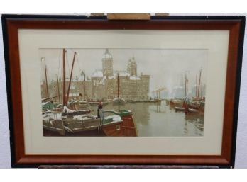 Vintage Ryker & Mendel Chromolithograph Of H. Cassier's Winter View With Ships And Church