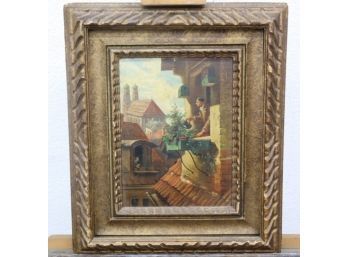 Vintage Medieval Towers View Oil On Board, Highly Decorated Frame