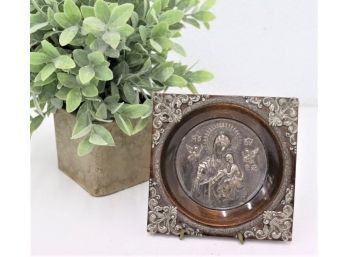 Vintage Icon Of The Virgin Mary Medallion Inset In Wood Frame & Sterling Silver Corner Trim