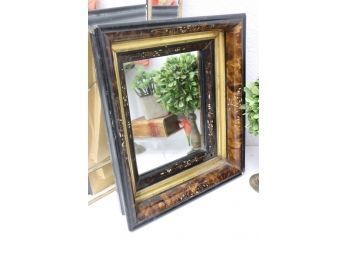 Mirror In Vintage Square Frame With Faux Burl Outer Layer Adorned With Gouge Work Patterns Inlay