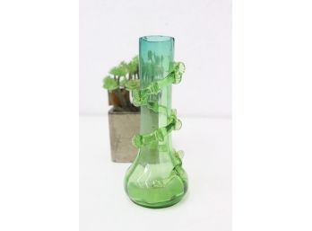 MCM Vintage Italian   Green-Blue-Green Glass Bud Vase With Applied Leaves On Vine