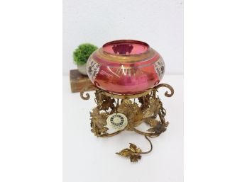 Vintage Ornate Scroll Stand & Painted Cranberry Glass Centerpiece By Paul's Products From Italy