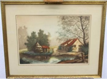 Vintage Landscape Colored Print Signed Lower Right