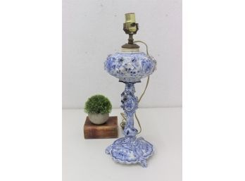 Vintage  Blue & White Oil To Electric Lamp With High Relief Floral Elements