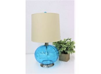 MCM AquaBlue Round Dimple Wave Glass Table Lamp With Matching Final And Tall Drum Shade