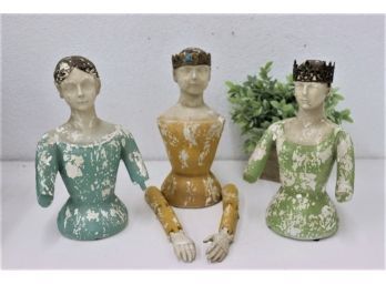 Three Vintage Santos Bust Cage Dolls In Teal, Ochre, And Olive - Two Crowns