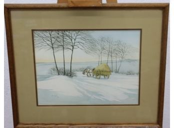 Original Watercolor Untitled Winter Farm(ish) Scene, Signed