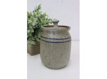 Vintage Stone Ware Lidded Crock  Decorated With Blue Stripes