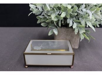 Frosted And Etched Glass Brass Frame Keepsake Box - Hecho En Mexico