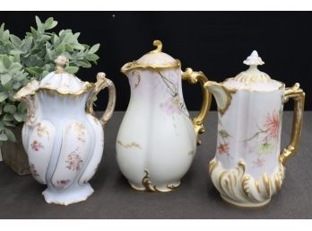 Trio Of Gilt Top And Detail Porcelain Chocolate Pots - Fluted, Bulbous, Textured Shapes (2 Possible Limoges)