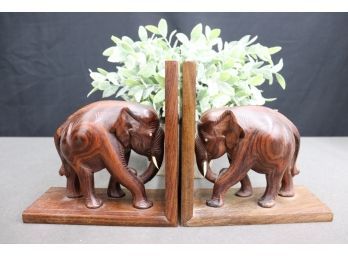 Pair Of Carved Wood Bull Elephant Book Ends