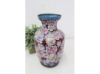 Vintage Famille Noire & Floral Champleve Cloisonne Porcelain Vase