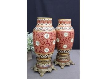 Incised Enamel Glazed Chinoiserie Vases On Brass Bases (on 1 Repaired Crack  At Top)