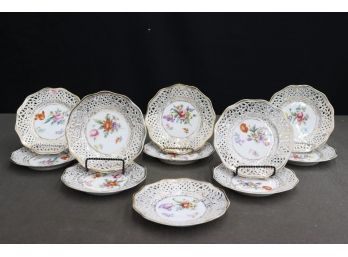 Set Of 11  German Porcelain Pierced Lattice Plates Colored Flower  & Gold Trim Bu C S Bavaria (green Stamp)